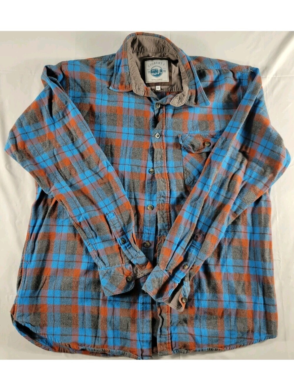 Gioberti Mens Blue Grey Plaid Flannel Shirt Corduroy Trim Size XL Soft